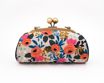 Rosa Floral Clutch Purse with Strap, Bridesmaid Clutch, Kiss Lock Frame Clutch, Evening Clutch, Riffle Paper Co Les Fleurs, Japanese Fabric