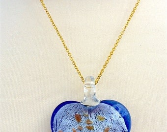 Blue Heart of Glass Necklace // Hand Crafted Glass // Gold Chain