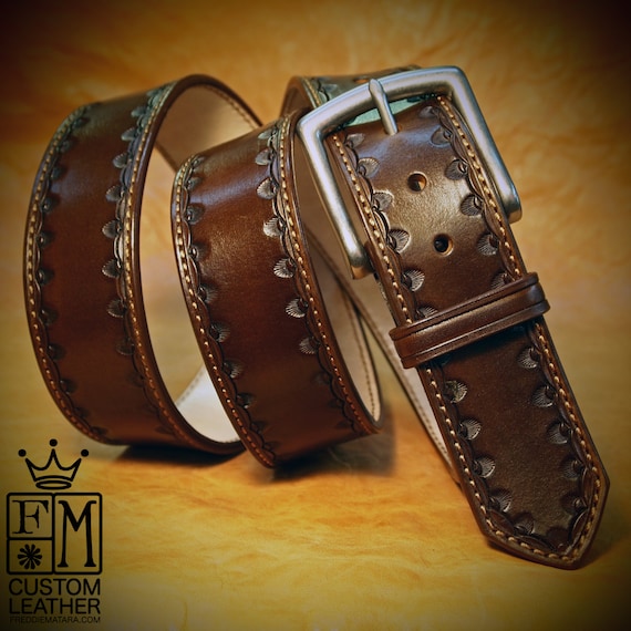 Brown Leather Dress Belt Custom Made Hand stamped vintage look handmade for YOU in New York City by Freddie Matara