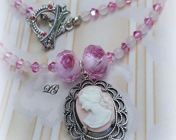 Victorian Lady Cameo Necklace, Vintage Style, Pink, Filigree Setting, Long beaded chain