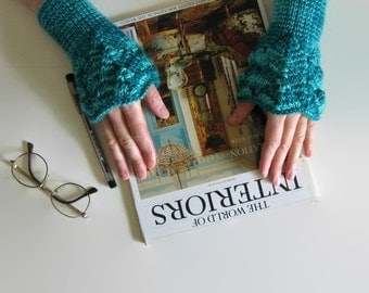 Emerald Green Wool Lace Arm Warmers Knitted, Teal Wristers, Women Fingerless Gloves, Hand Knit, Winter, Mittens, Wrist Cuff, Gifts for Her