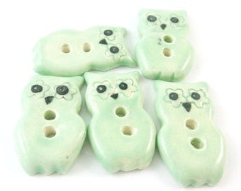 5 Aqua Green Handmade Ceramic Owl Sewing Buttons. 1 1/4" or 3 cm tall.