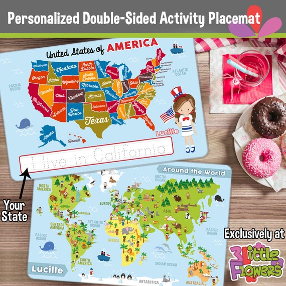 United States of America and World Map Placemat Personalized placemat