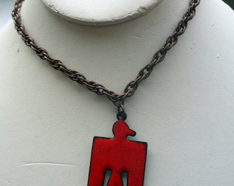 Vintage Copper Necklace - Enameled Bird/Eagle - Red/Green - 1960s.