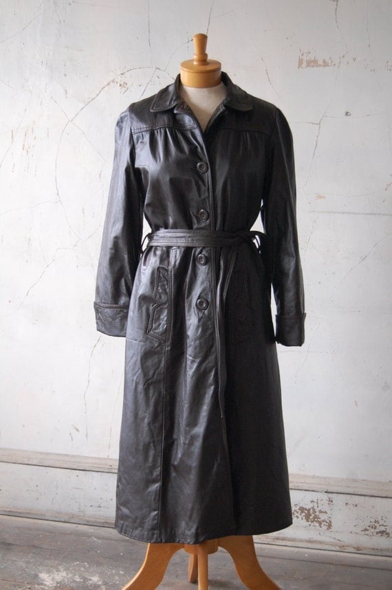 FREE SHIPPING 1970s Vintage Leather Coat Long Dark by TenderLane