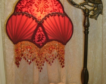 Red Silk Lamp Shade with Vintage Parrot Table Bridge Lamp