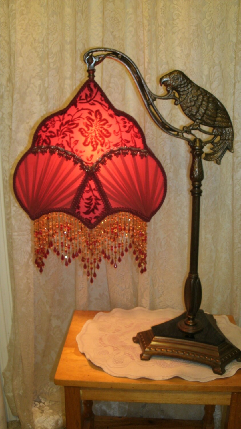 Red Silk Lamp Shade with Vintage Parrot Table Bridge Lamp