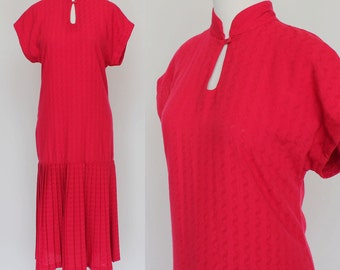 80's Shift Sheath Dress / Drop Waist / Red Midi Dress / Pleated Skirt / Small to Medium
