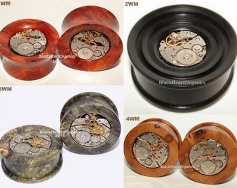 Custom Wood Plugs, Watch Movement Inlay Examples / Organic Jewelry (7/8" through 3" +) (22mm through 76mm +), EXAMPLES of CUSTOM WORK