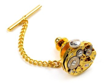 Steampunk Antique Gold Jules Jurgensen Watch Tie Tack Pin Chain Clip