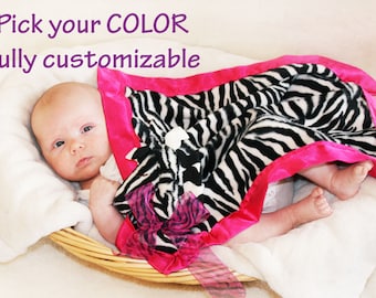 Zebra Security Blanket, Lovey Blanket, Satin, Baby Blanket, Stuffed Animal, Baby Toy - Customize Color - Monogramming Available