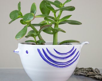 White Bird ceramic planter, large succulent planter, handmade modern pottery cactus planter, blue feathers flower plant pot