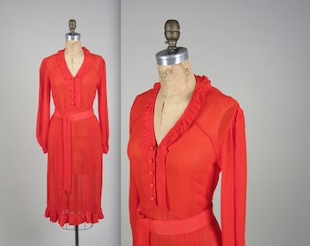 1930s sheer silk chiffon dress • vintage 30s dress • red day dress