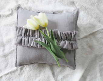 linen pillow, gray, linen ruffle pillow, gray linen pillow, throw pillow,