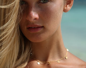 Gold Choker, Joy Dravecky, Gold Disc Choker, Shaker Choker, Dangle Choker, Drop Choker, Boho Choker, Dainty Gold Choker,
