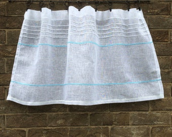 White Cafe Curtain, French Linen Kitchen Window Curtain, Aqua Blue Bathroom, Country Decor