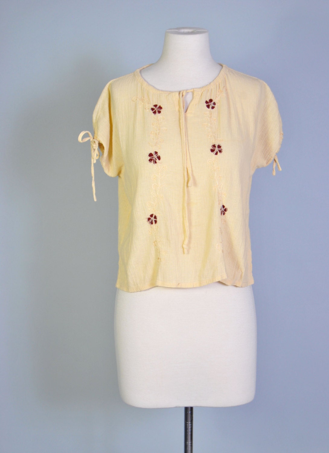 Gauze Top Vintage Embroidered Top Ruched Tie Gauze BOHO Shirt