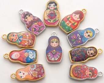 Matryoshka charm set - set of 10 random russian doll charms, nesting doll charms