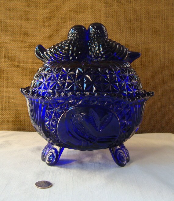 2 Piece Large Vintage COBALT BLUE LOVEBIRDS Footed Candy Dish