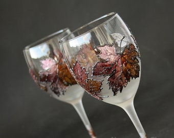 Fall Wedding, Wedding Glasses, Wine Glasses, Autumn Leaves, Maple Leaves Glasses, Hand Painted, set of 2