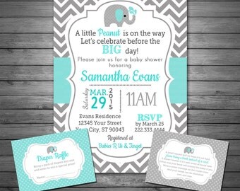 Elephant Aqua Baby Boy Shower Invitation Digital File, Elephant, Aqua and Gray, Boy Elephant Shower, FREE Diaper Raffle and Book Request