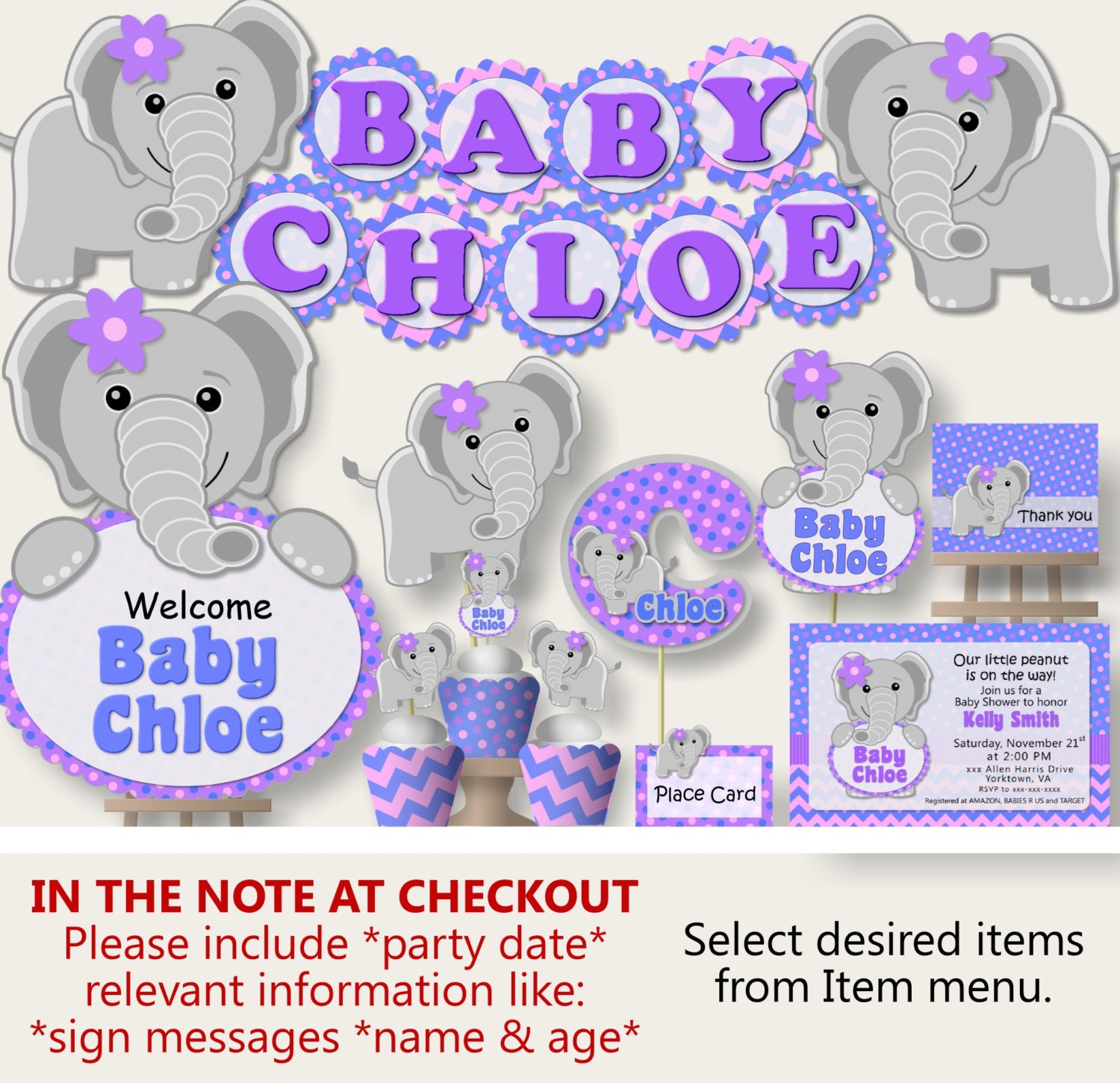 Purple Gray Elephant Baby Shower Decorations for Girl or 1st