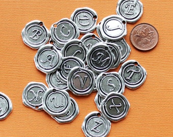 6 Alphabet Letter Charms Antique Silver Tone Choose Your Initial Wax Seal Design