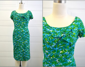 1950s Blue and Green Print Wiggle Dress