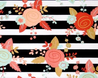 Floral black and white stripes fabric, boho fabric mint, coral, gold flowers fabric, 100% cotton for Quilting and general sewing projects.