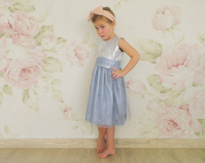 Luxury Italian Design Party Dress, Little girl Pastel Gray party dress, Light Gray Tulle dress for Party Girls, Toddler party dresses