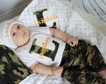 Baby Boy Clothes Personalized Baby Boy Outfit Monogram Baby Boy Camo Bodysuit and Pants Baby Outfit Newborn Boy Baby Gift