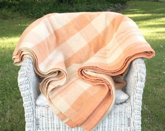 Vintage wool blanket, peach plaid blanket, extra long carriage blanket