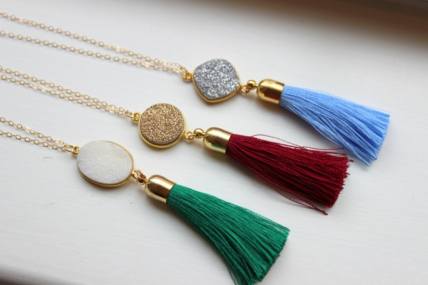 Gold Tassel Necklace Drusy Jewelry Drusy Necklace Fringe