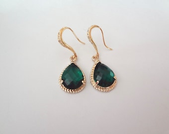 Emerald earrings - Czech glass -14k Gold over Sterling Cubic Zirconia encrusted earwires - Beautiful high Quality jewelry -