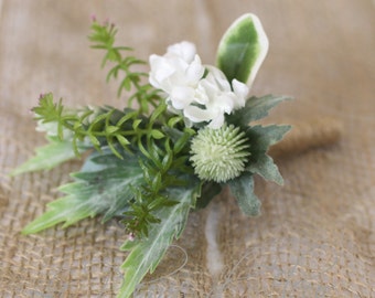 Lachlan - Men's Buttonhole / Boutonniere - Rustic, country garden style buttonhole, Thistle, lilac, green wildflowers and foliage..