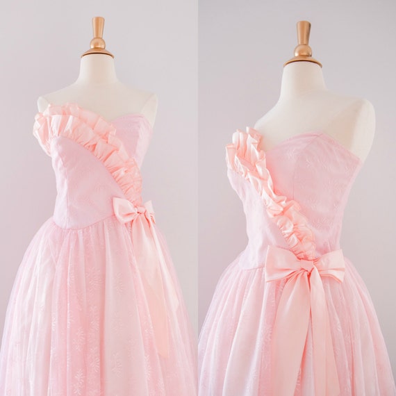 1990s Strapless Lace Ruffle Prom Dress    Vintage 90s Pink Bow