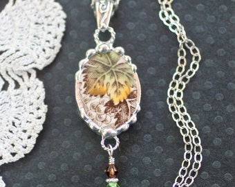 Necklace, Broken China Jewelry, Broken China Necklace, Fall Grape Leaves, Sterling Silver, Soldered Jewelry