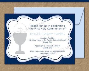 Holy Communion Invitation Download - Digital 1st Holy Communion Invitation Printable - EDITABLE Invitation in Blue & Navy - Instant Download