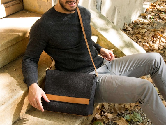 Black and tan mens MESSENGER BAG / felt and leather messenger bag / mens satchel / messenger bag for men / mens bag / made in Italy