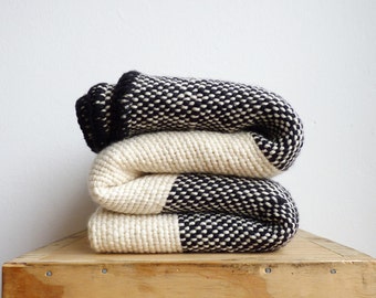 Striped Mexican blanket crochet edge, Black white Yoga wrap woven blanket, Boho sofa throw wrap, Wool picnic Blanket without fringes