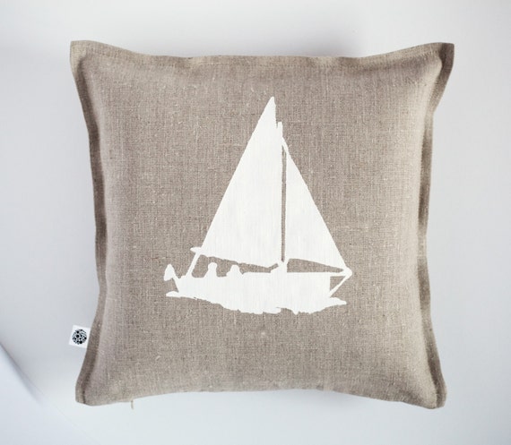 Throw pillow with white boat print - pillow cover hand painted - marinistic style linen pillow cover - beach home decor - beach pillow 0372