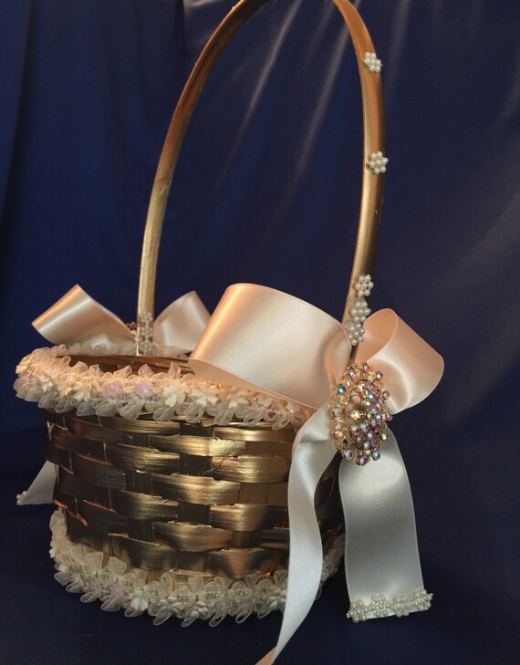 gold flower girl basket in ivory with satin bows destination