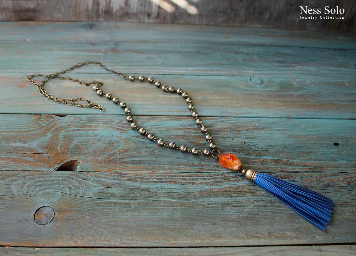 Cobalt blue Leather tassel necklace Bohemian jewelry Long