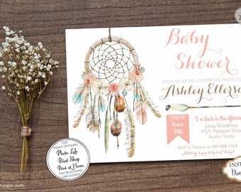INSTANT DOWNLOAD - Dream Catcher Baby Shower Invitation Boho Bohemian - Watercolor Feather Dreamcatcher Baby Shower - Tribal Aztec - 0332