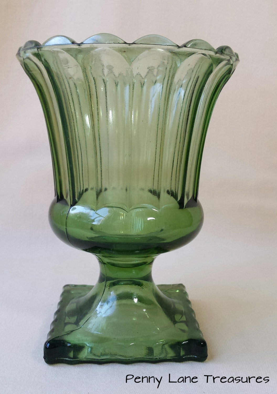 Pedestal Vase Fluted Glass Dark Green Urn 1970's