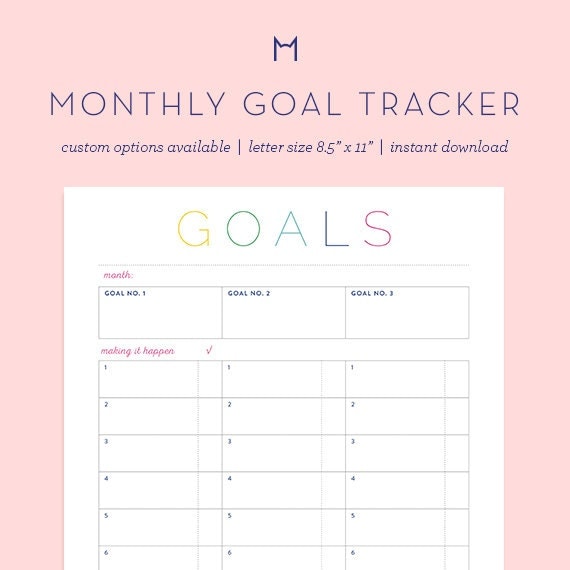 Printable Monthly Goal Tracker DIY monthly by MonicaMyersDesigns