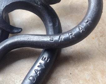 6th Wedding Anniversary Gift, Iron Anniversary, Pair of Interlinked Iron Hearts Personalized, His and Hers Hearts