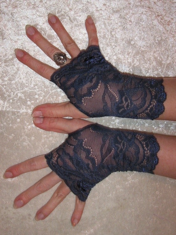Sheer Dark/Navy BLUE Stretch Lace Fingerless Short Gloves/Arm