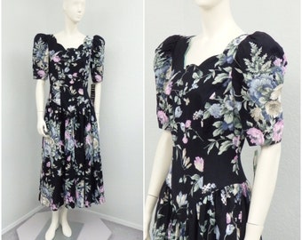Vintage 80s New Old Stock Black Floral Dress Midi Dress Puff Sleeve Dress Tea Length Dress Full Skirt Dress Scalloped Dress Cotton Dress