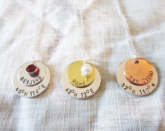 Double Layer Coordinate Necklace - Valentine's Day Gift Ideas - Anniversary Gift - Special Location Necklace - Hand Stamped Necklace